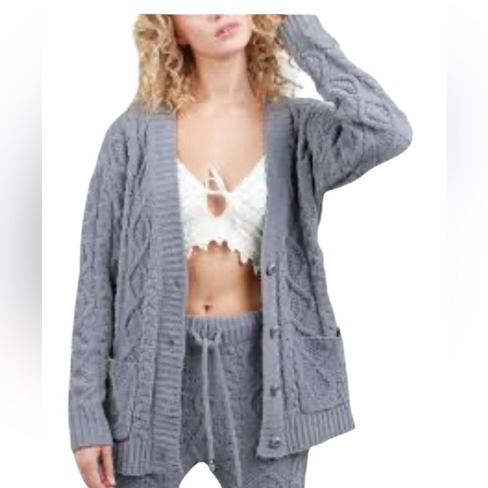 POL Chunky Cable Knit Cardigan Sweater Soft Plush Button Front Womens Small Gray